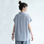 M-2XL 綿麻 POLOネック ストライプ柄 半袖  シャツ M ブルー