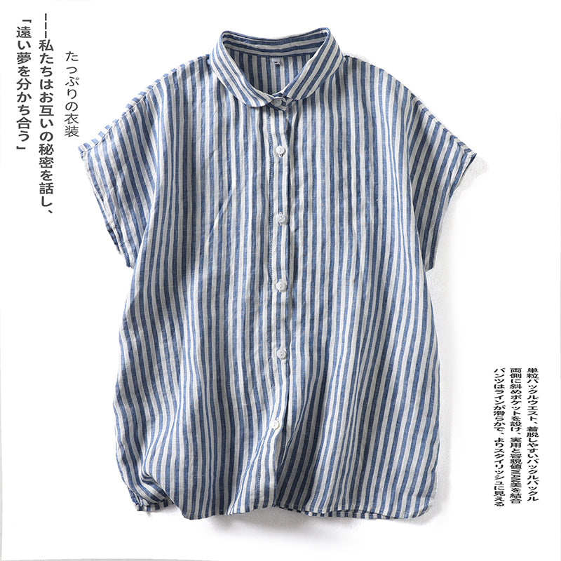 M-2XL 綿麻 POLOネック ストライプ柄 半袖  シャツ M ブルー