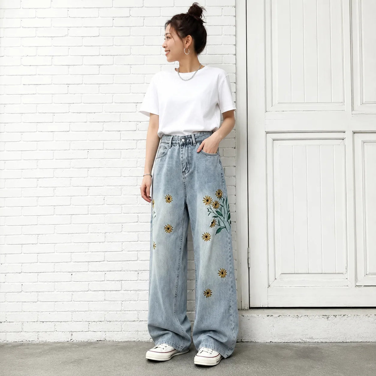 S~3XL 刺繍 パターン 森ガール カジュアル ロング丈 脚長効果 ジーンズ S ブラック