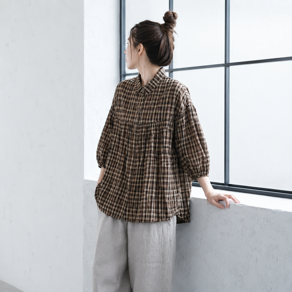 S-2XL  綿麻 ランタンスリーブ 折り襟 シングルブレスト 五分袖  シャツ S ブルー