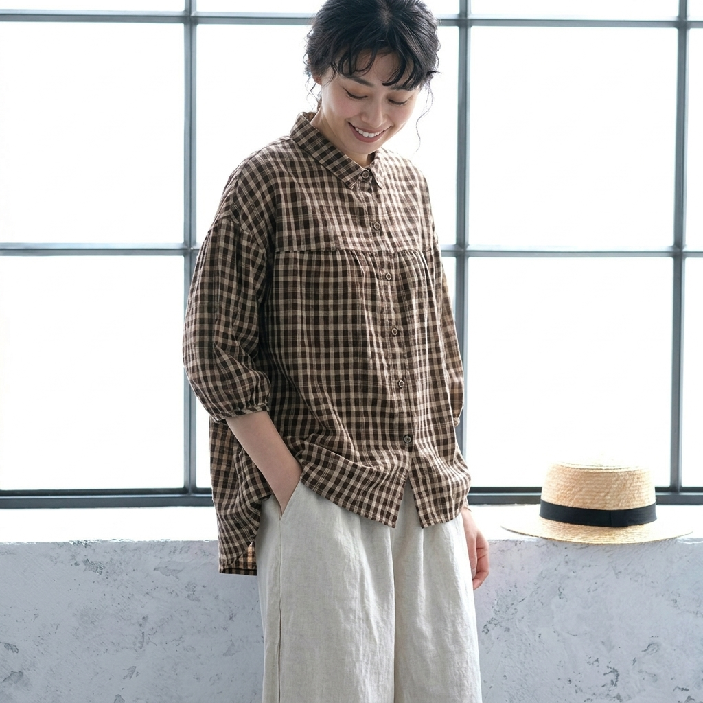 S-2XL  綿麻 ランタンスリーブ 折り襟 シングルブレスト 五分袖  シャツ S ブルー