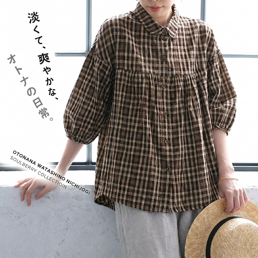 S-2XL  綿麻 ランタンスリーブ 折り襟 シングルブレスト 五分袖  シャツ S ブルー