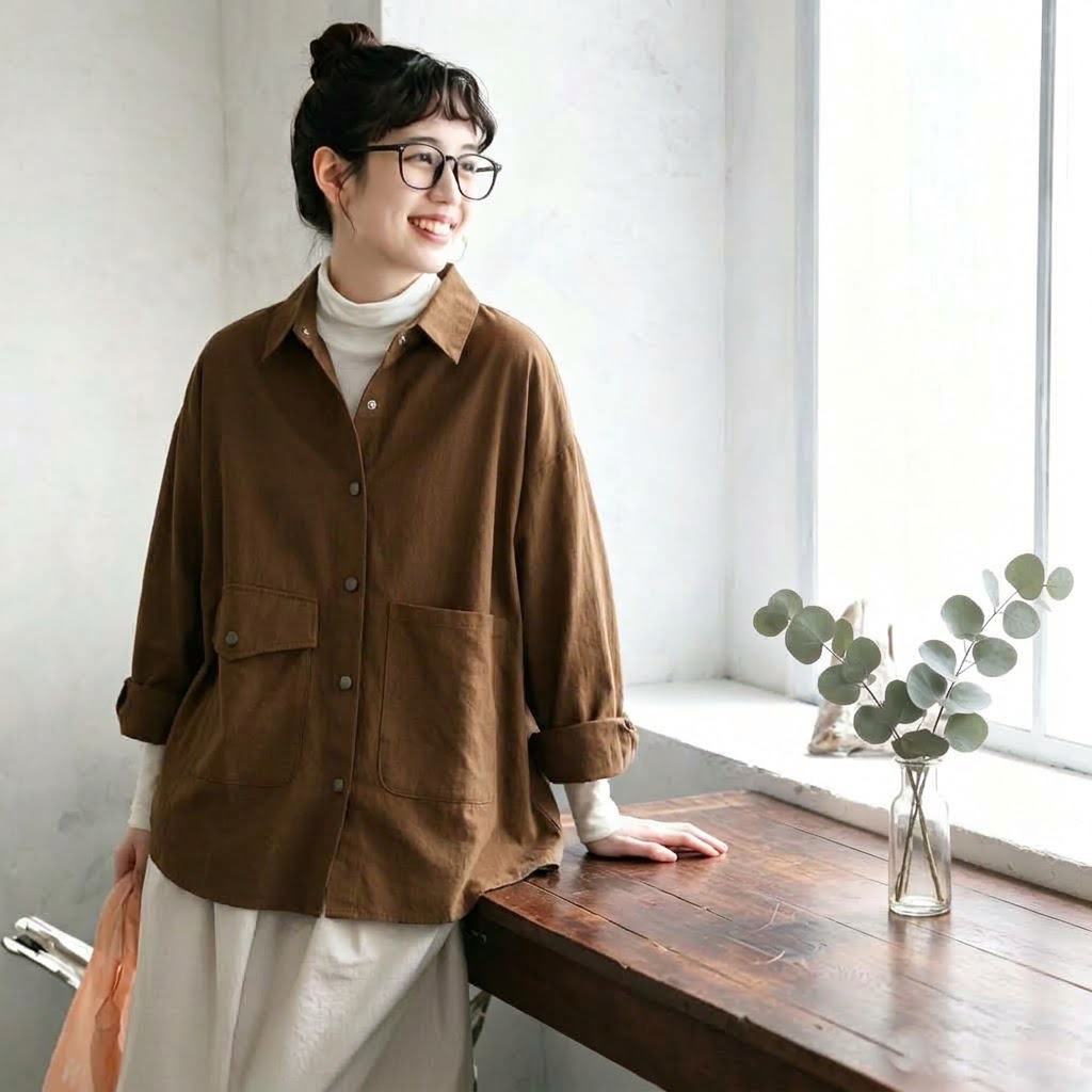 M-2XL 綿混 2WAY 羽織ブラウス M コーヒー