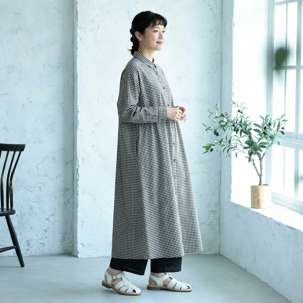 フリー  ボタン  チェック柄  折り襟 Aライン レトロ  ワンピース フリー ブラックチェック柄