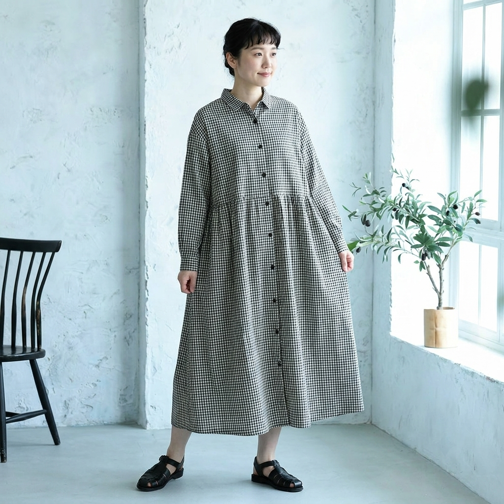 フリー  ボタン  チェック柄  折り襟 Aライン レトロ  ワンピース フリー ブラックチェック柄