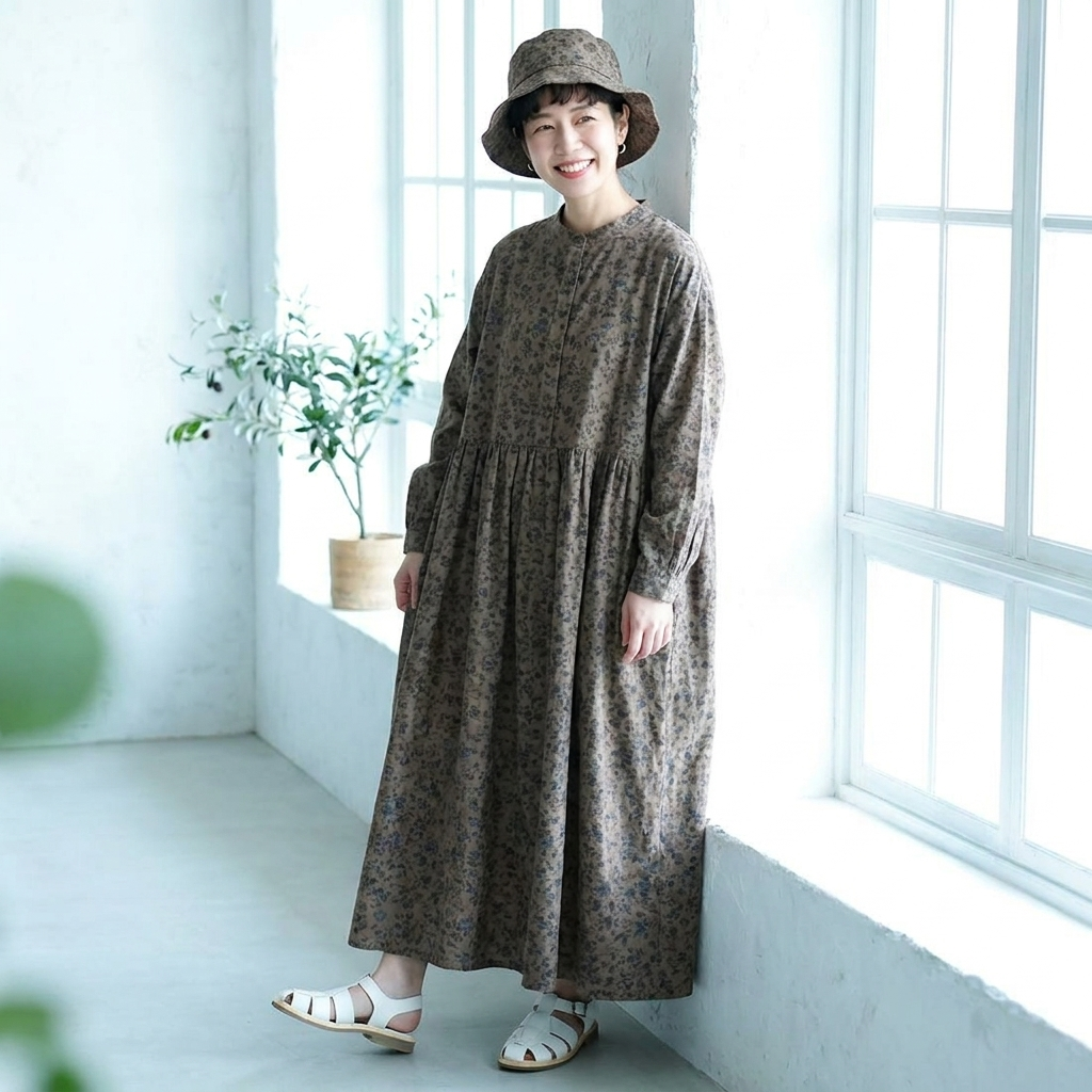 フリーサイズ プリント Aライン プルオーバー プリント スタンドネック 長袖 森ガール ワンピース フリー ロイヤルブルー