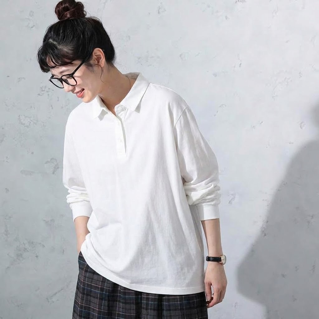 S-4XL 大人のナチュラル 着回し 長く着られる ポロ襟 長袖トップス S ブラック