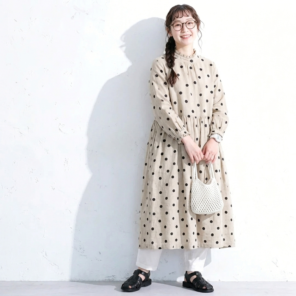M-2XL ベージュ ドット柄 長袖 Aライン ワンピース M 写真通り