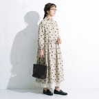 M-2XL ベージュ ドット柄 長袖 Aライン ワンピース M 写真通り
