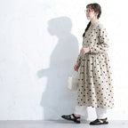 M-2XL ベージュ ドット柄 長袖 Aライン ワンピース M 写真通り
