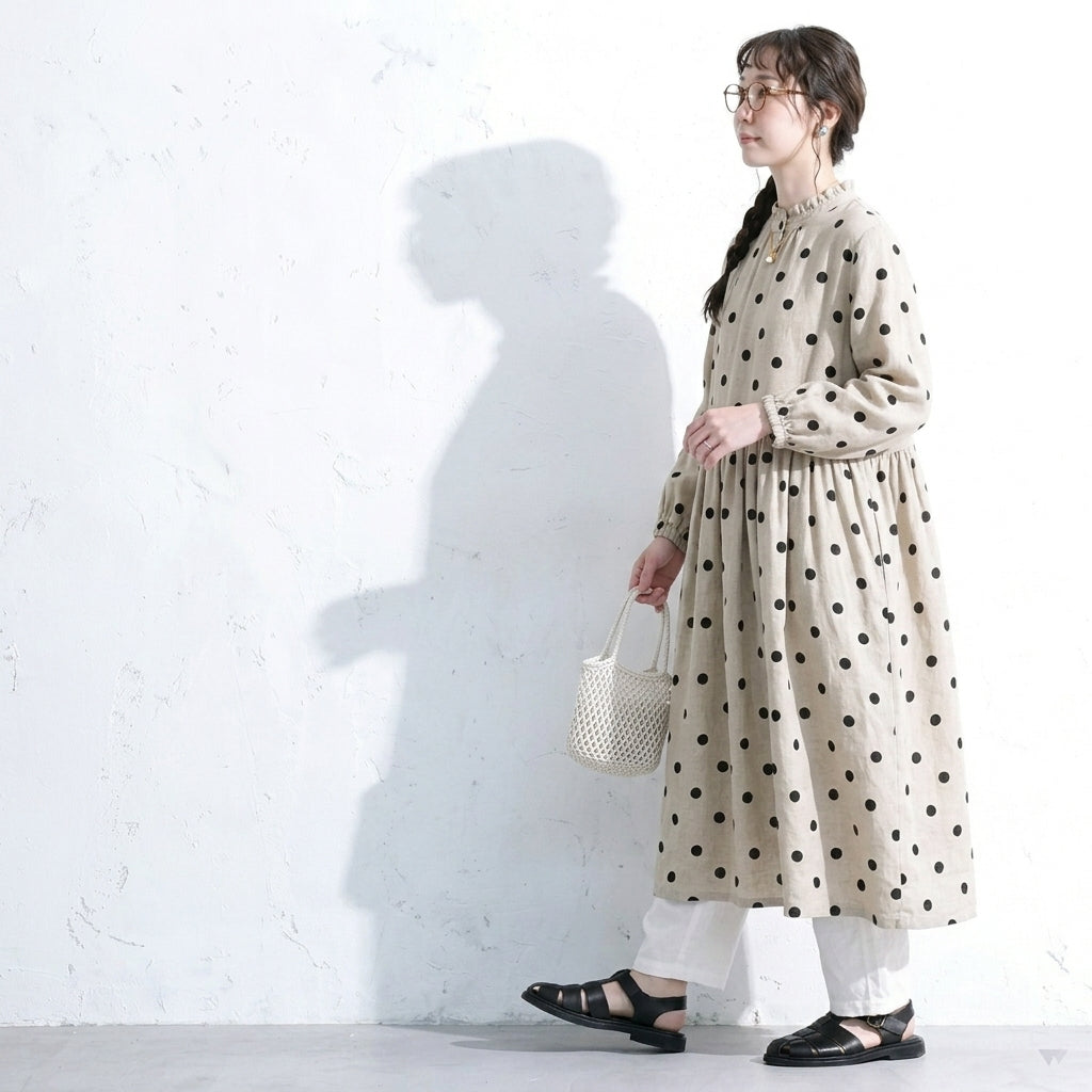 M-2XL ベージュ ドット柄 長袖 Aライン ワンピース M 写真通り