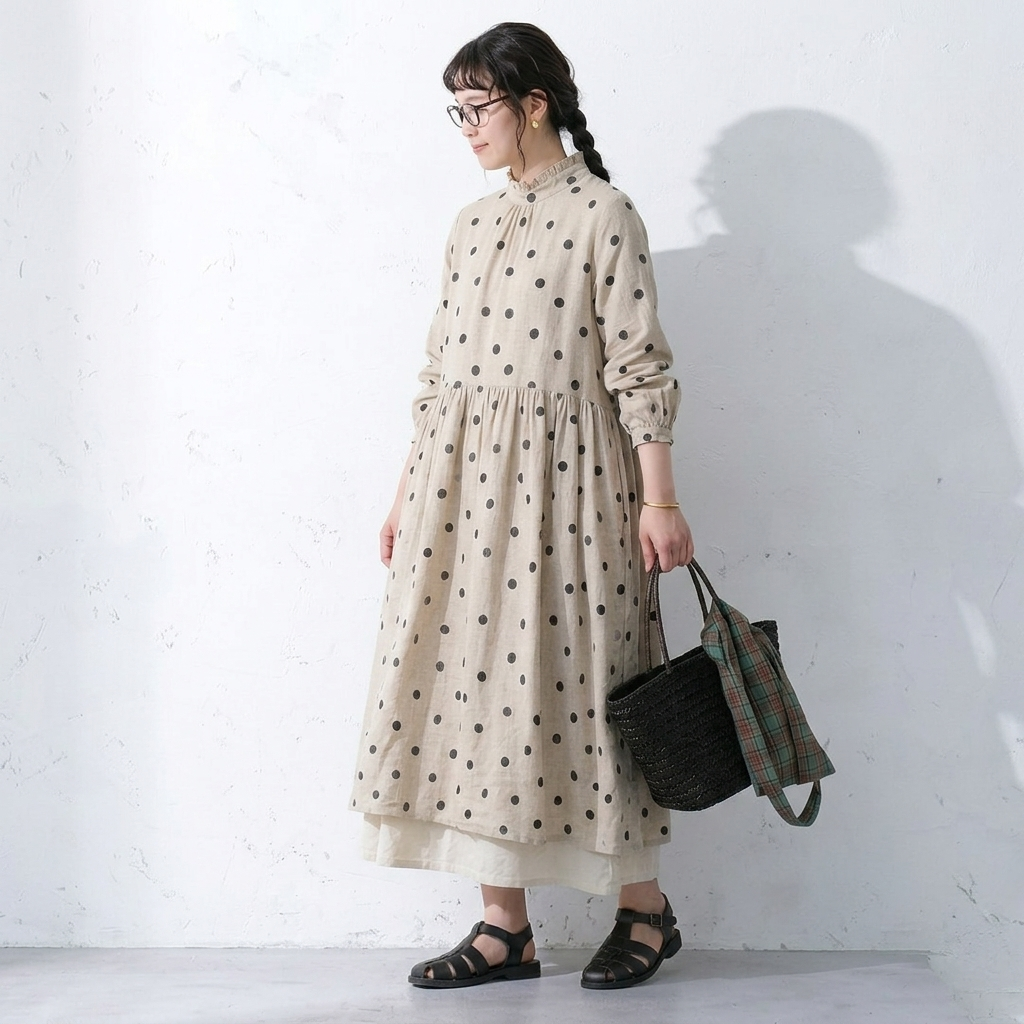 M-2XL ベージュ ドット柄 長袖 Aライン ワンピース M 写真通り