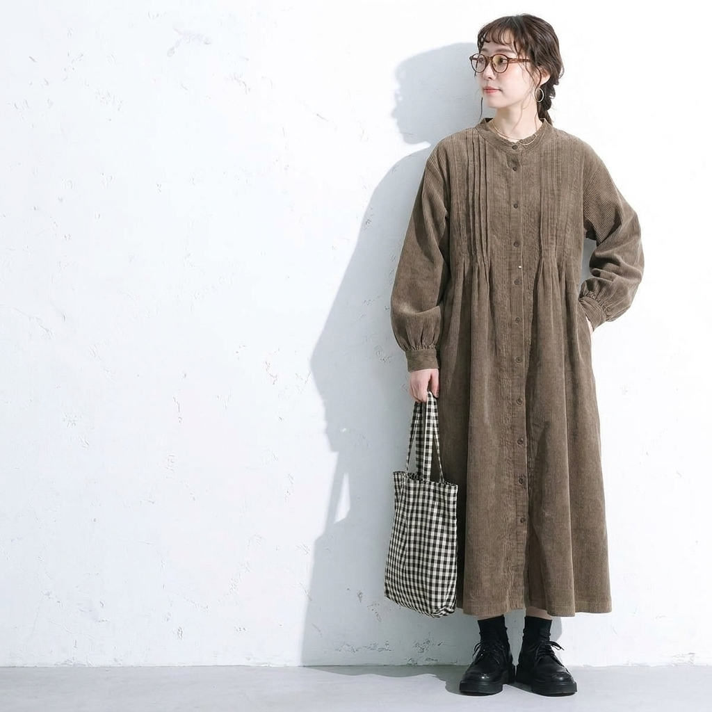 M-2XL コーデュロイ ボタン Aライン プリーツ 長袖 無地 森ガール ワンピース 2XL 写真通り
