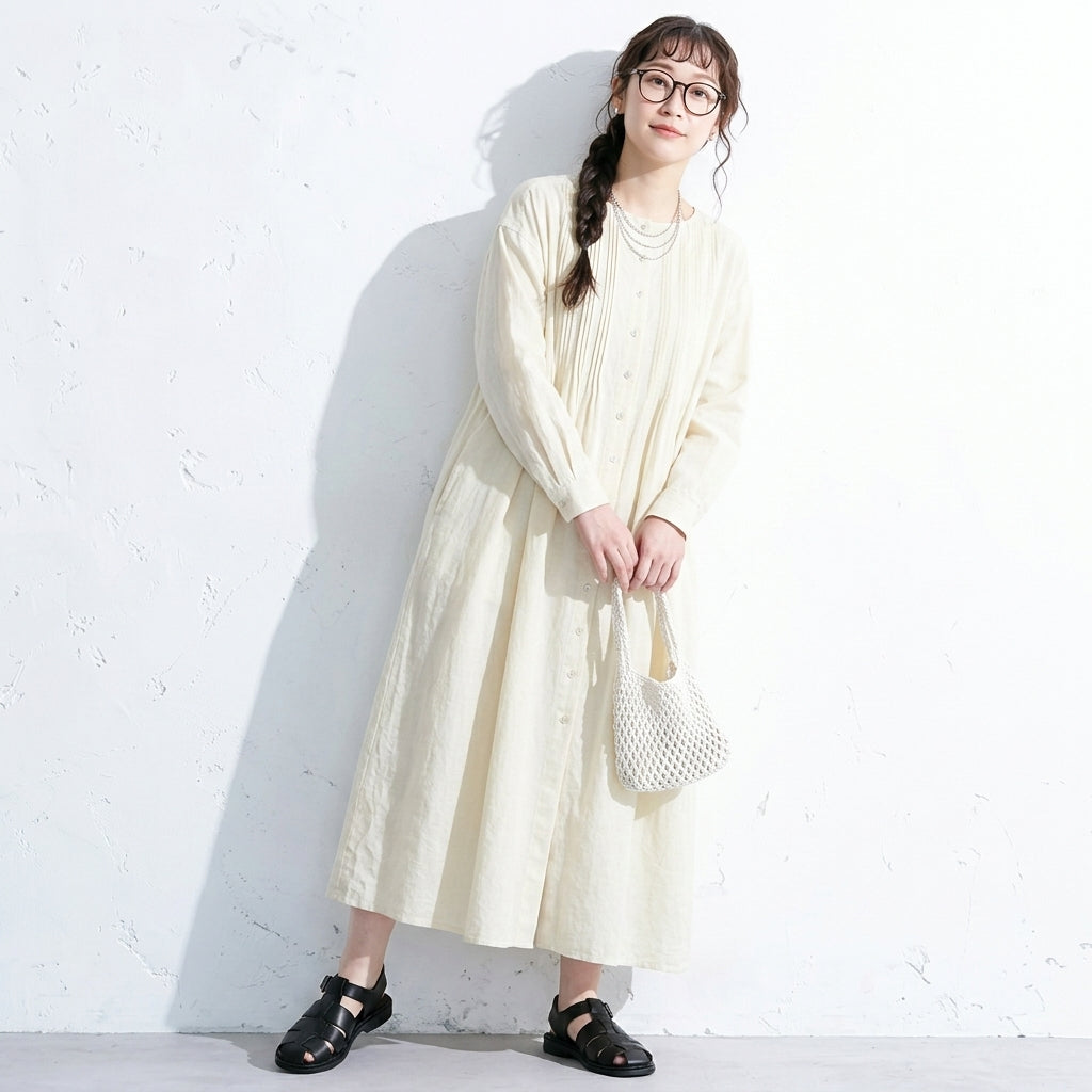 無地 ボタン  長袖 ワンピ F イエロー