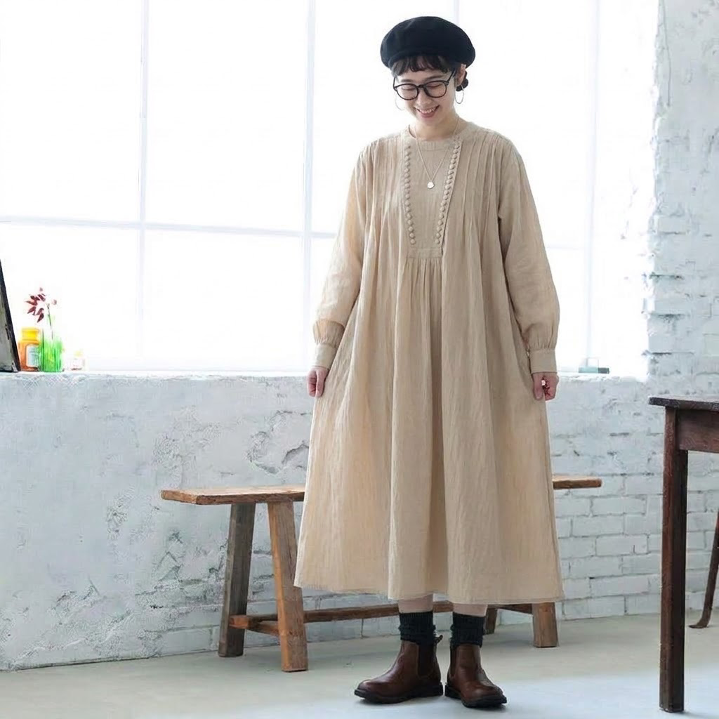 M-2XL 人気高い ボタン シンプル ナチュラル 長袖 ワンピース 2XL 写真通り