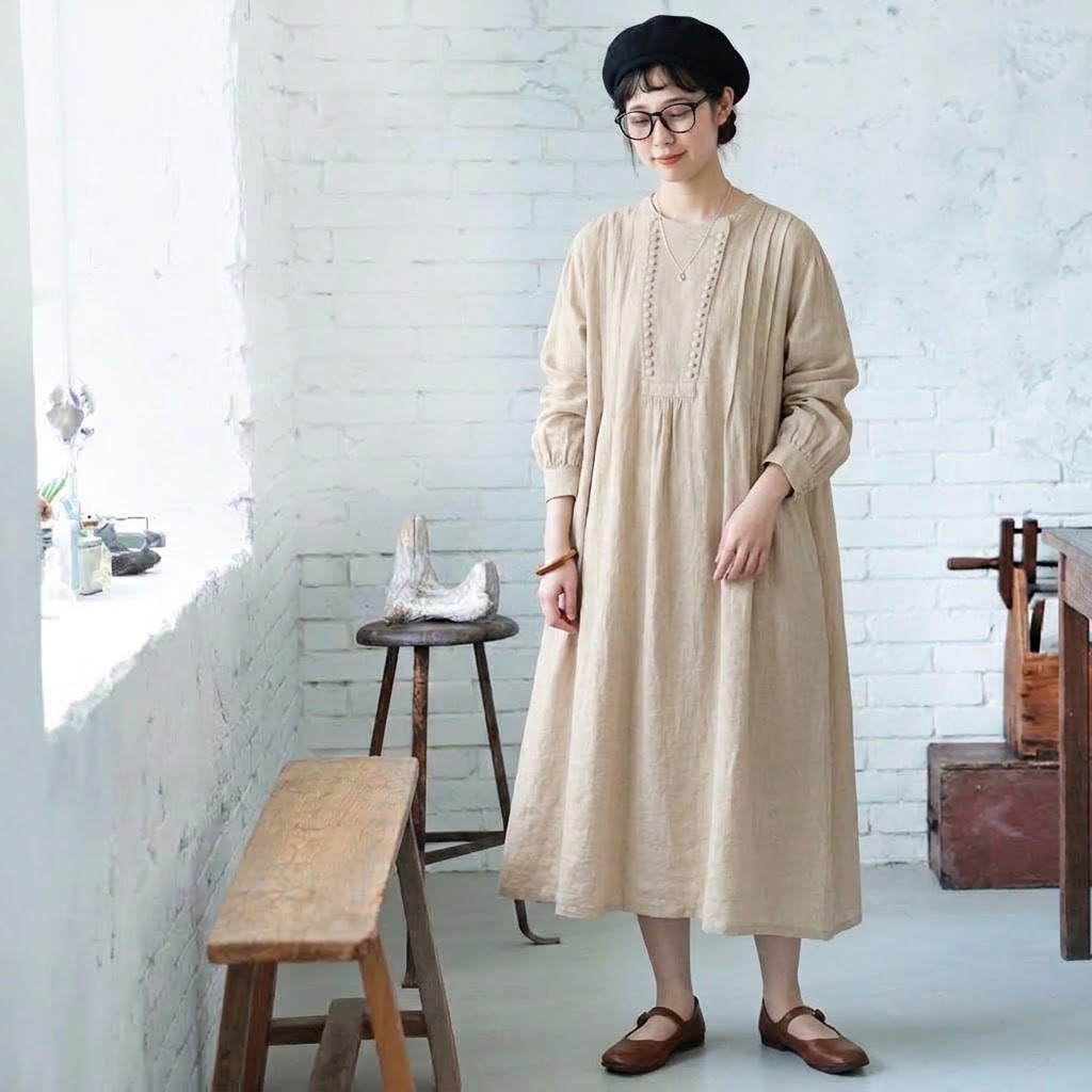 M-2XL 人気高い ボタン シンプル ナチュラル 長袖 ワンピース M 写真通り