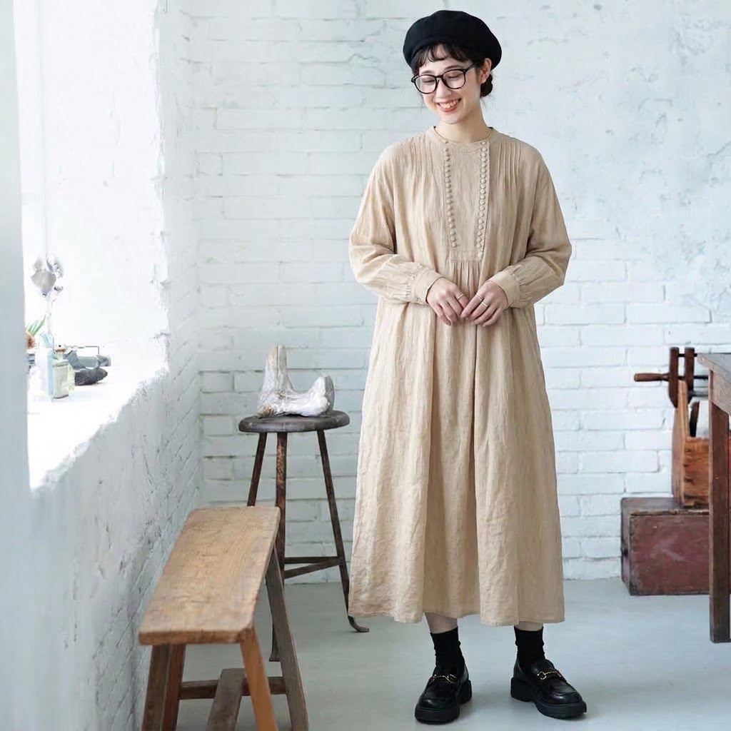 M-2XL 人気高い ボタン シンプル ナチュラル 長袖 ワンピース M 写真通り