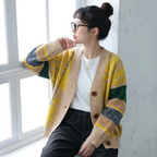 S-2XL 女性に大人気 柔らかい ニット 配色 カーディガン S イエロー