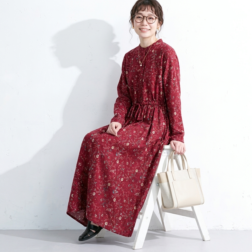 M-2XL Aライン リボン ボタン 長袖 プリント 定番 プリントワンピース M ネイビー