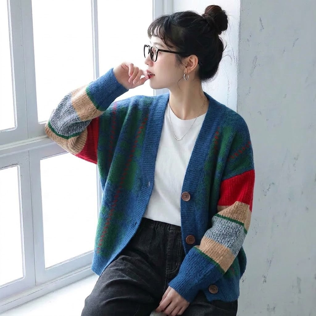 S-2XL 女性に大人気 柔らかい ニット 配色 カーディガン S イエロー