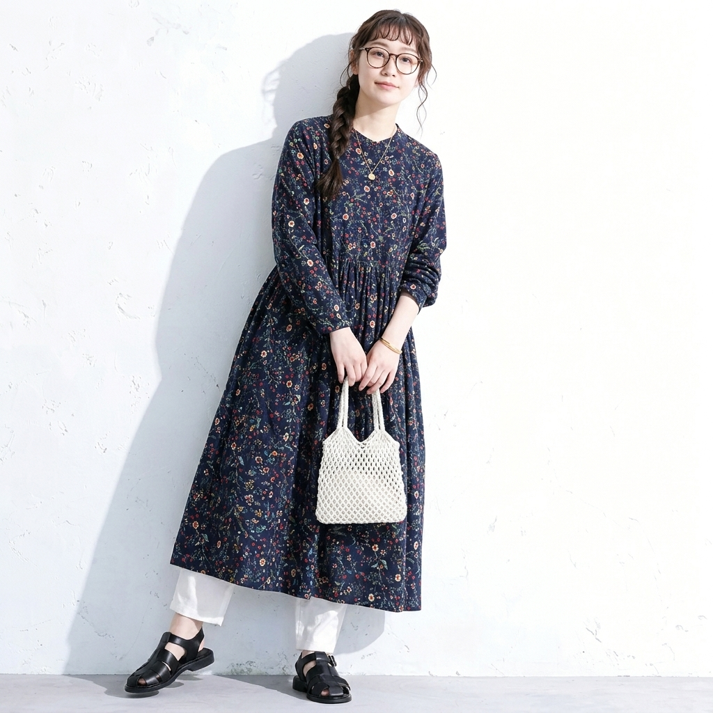 M-2XL Aライン リボン ボタン 長袖 プリント 定番 プリントワンピース M ネイビー