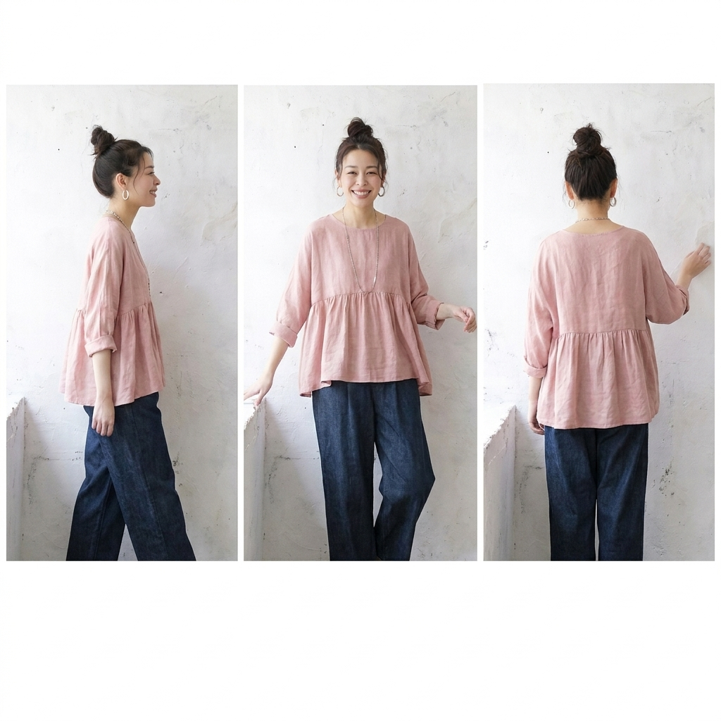 M~2XL 綿麻 無地 着痩せ効果ブラウス M ピンク