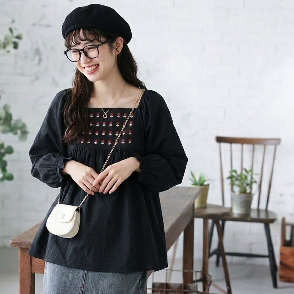S-XL 流行の予感 無地 ノーマルスリーブ 花模様 長袖 刺繍 レトロ シャツ S ブラック
