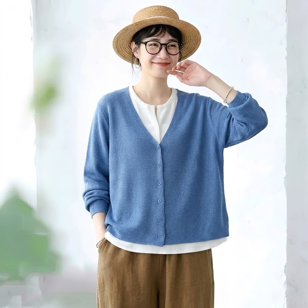 F 切り替え 配色 長袖  可愛くて繊細な ニット Tシャツ フリー ブルー