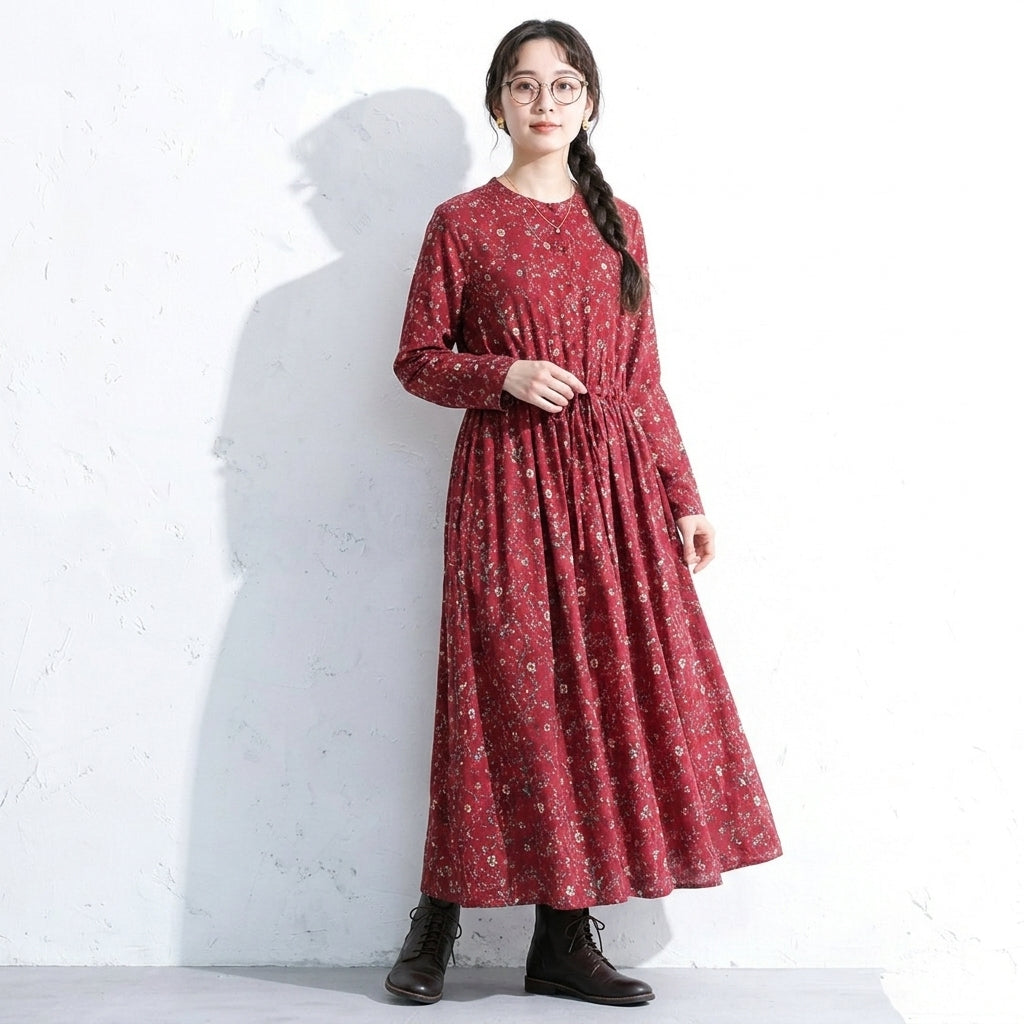 M-2XL Aライン リボン ボタン 長袖 プリント 定番 プリントワンピース M ネイビー
