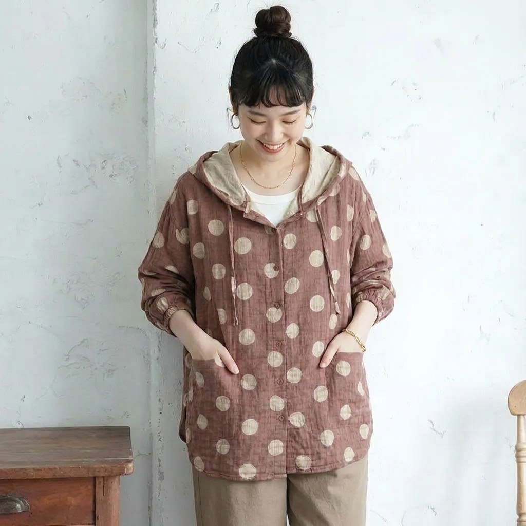F  ボタン 長袖 ドット柄 可愛くて繊細な スウィート シャツ フリー アイボリー