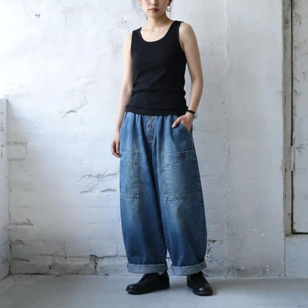 M-3XL ボタン 無地 ヴィンテージ加工 ロング丈 ポケット付き カジュアル ジーンズ M ブルー