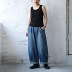 M-3XL ボタン 無地 ヴィンテージ加工 ロング丈 ポケット付き カジュアル ジーンズ M ブルー