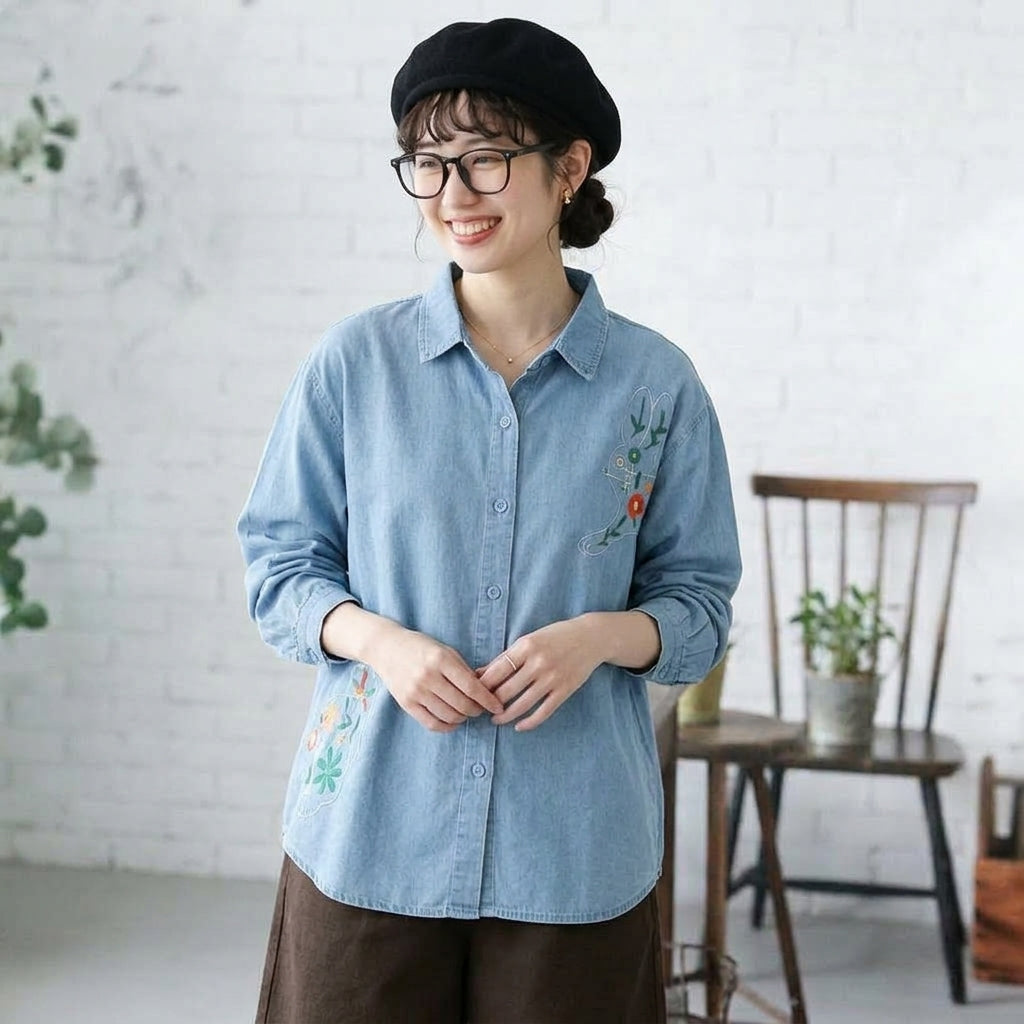 F 柔らかい雰囲気 シンプル ナチュラル ボタン 長袖 刺繍  可愛くて繊細なシャツ フリー ライトカラー