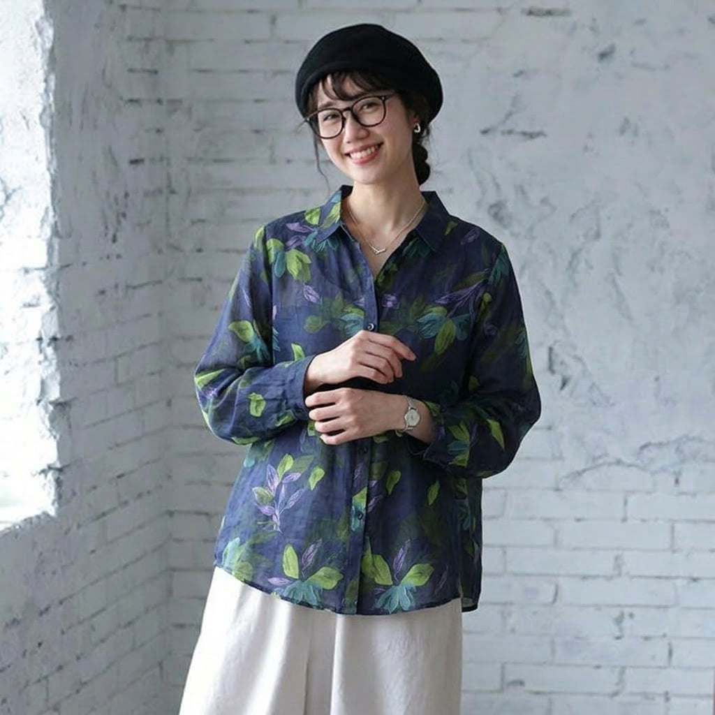 【コットン】S-2XL 植物 花模様  プリント 長袖 カジュアル 可愛くて繊細なシャツ S 写真通り