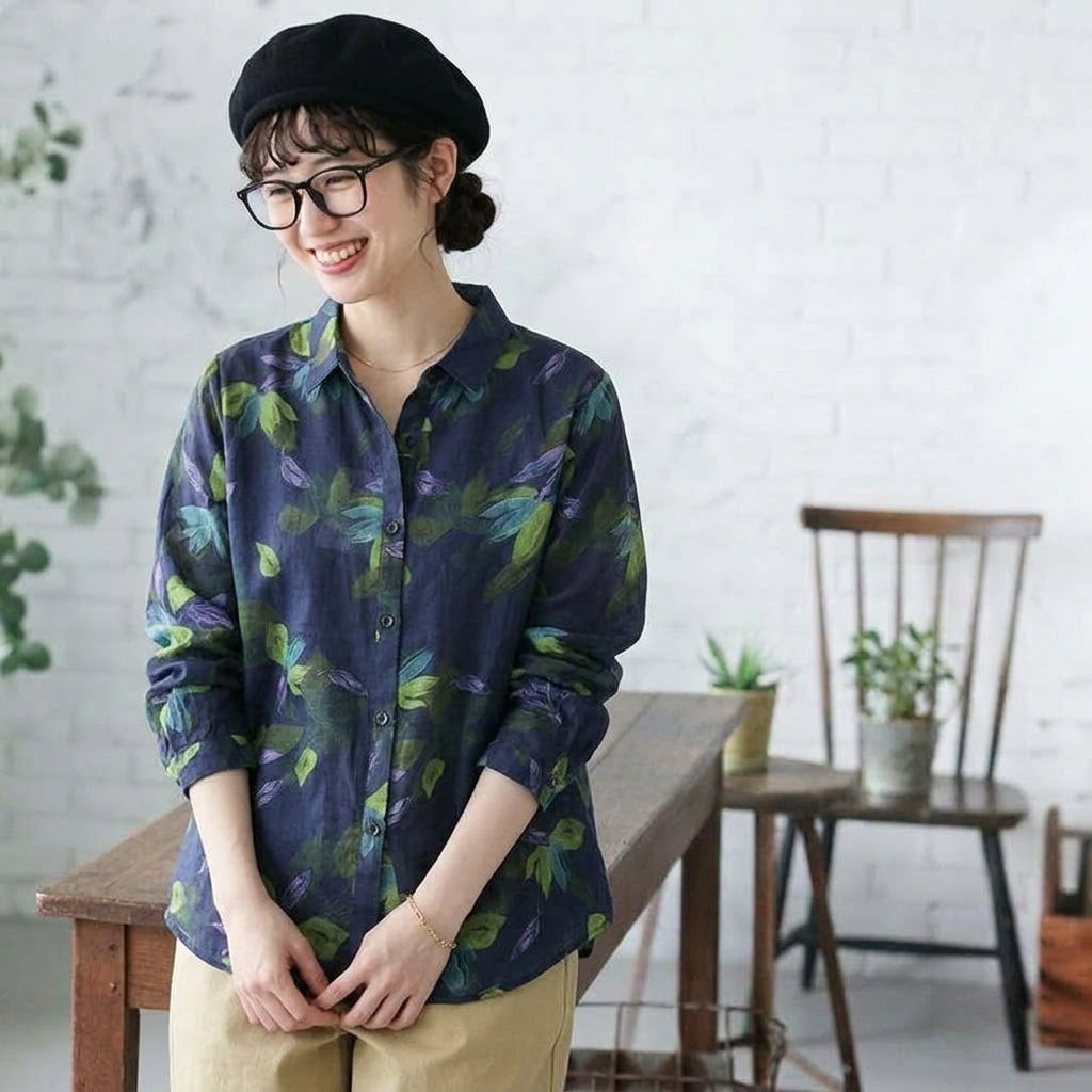 【コットン】S-2XL 植物 花模様  プリント 長袖 カジュアル 可愛くて繊細なシャツ S 写真通り