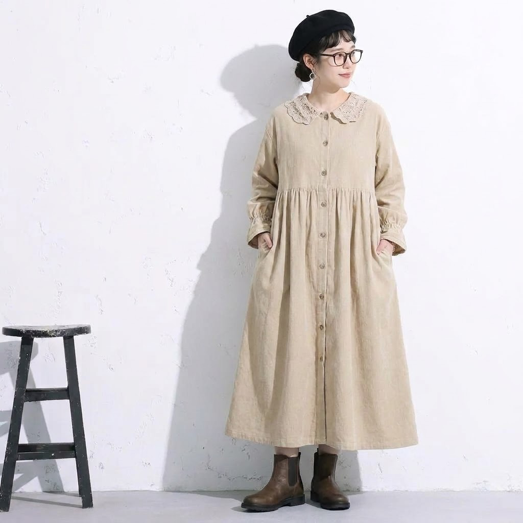 L-4XL 新作発売！ フリル袖 柔らかい 長袖 無地 レトロ 森ガールワンピース 4XL ベージュ