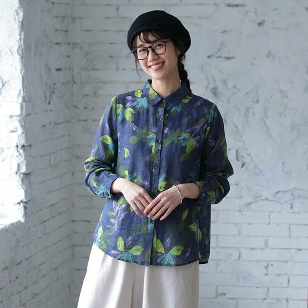 【コットン】S-2XL 植物 花模様  プリント 長袖 カジュアル 可愛くて繊細なシャツ 2XL 写真通り