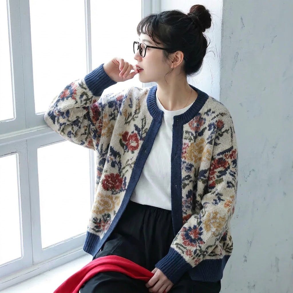 S-3XL 小さな花と暮らす ゆるニットカーディガン 3XL 写真通り