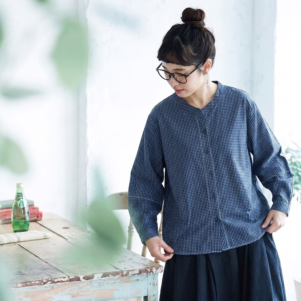M-2XL 女性らしさ全開 チェック柄  長袖 切り替え シンプル シャツ 2XL ブルー