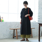 F 軽やか 無地 ボタン 長袖 肌触り柔らかい 森ガール シャツワンピース フリー ブラック