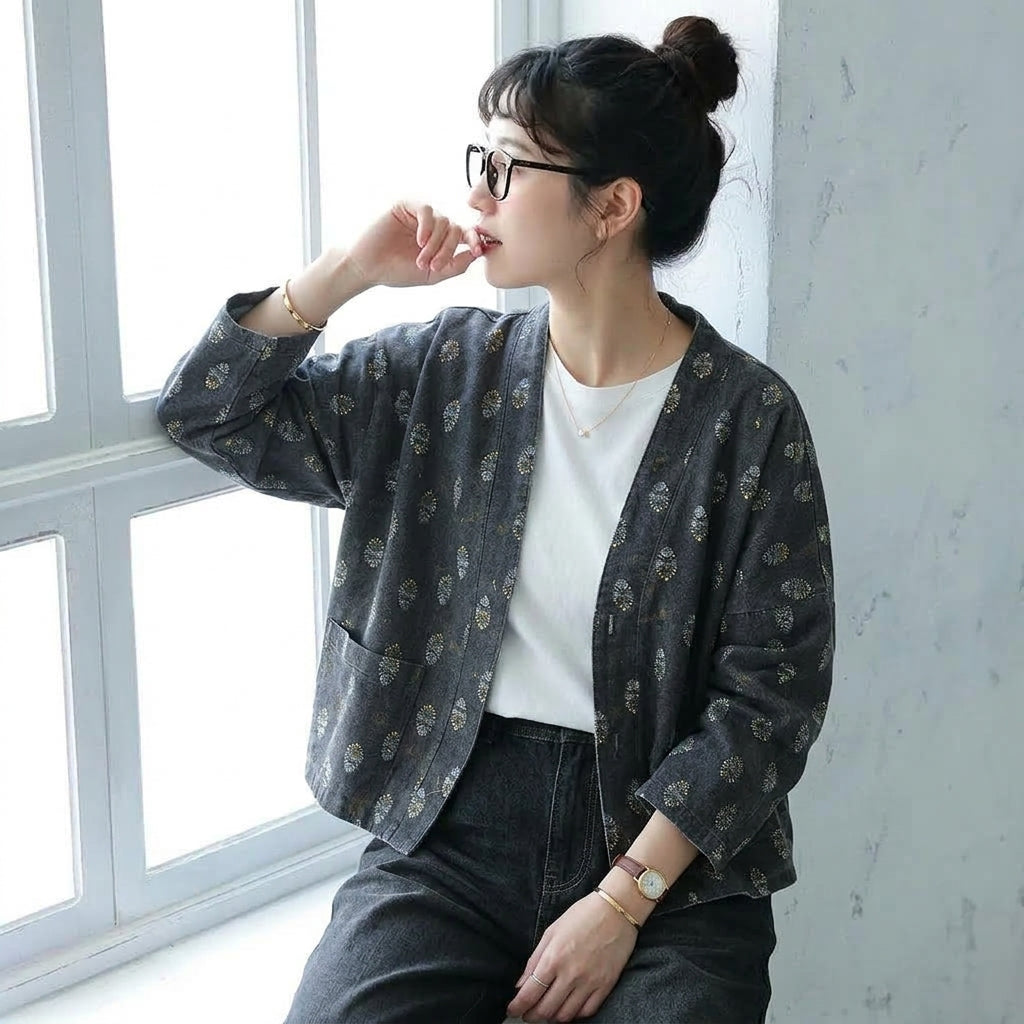 F ボタン 長袖 プリント 清楚見え 両面着 ジャケット フリー 写真通り