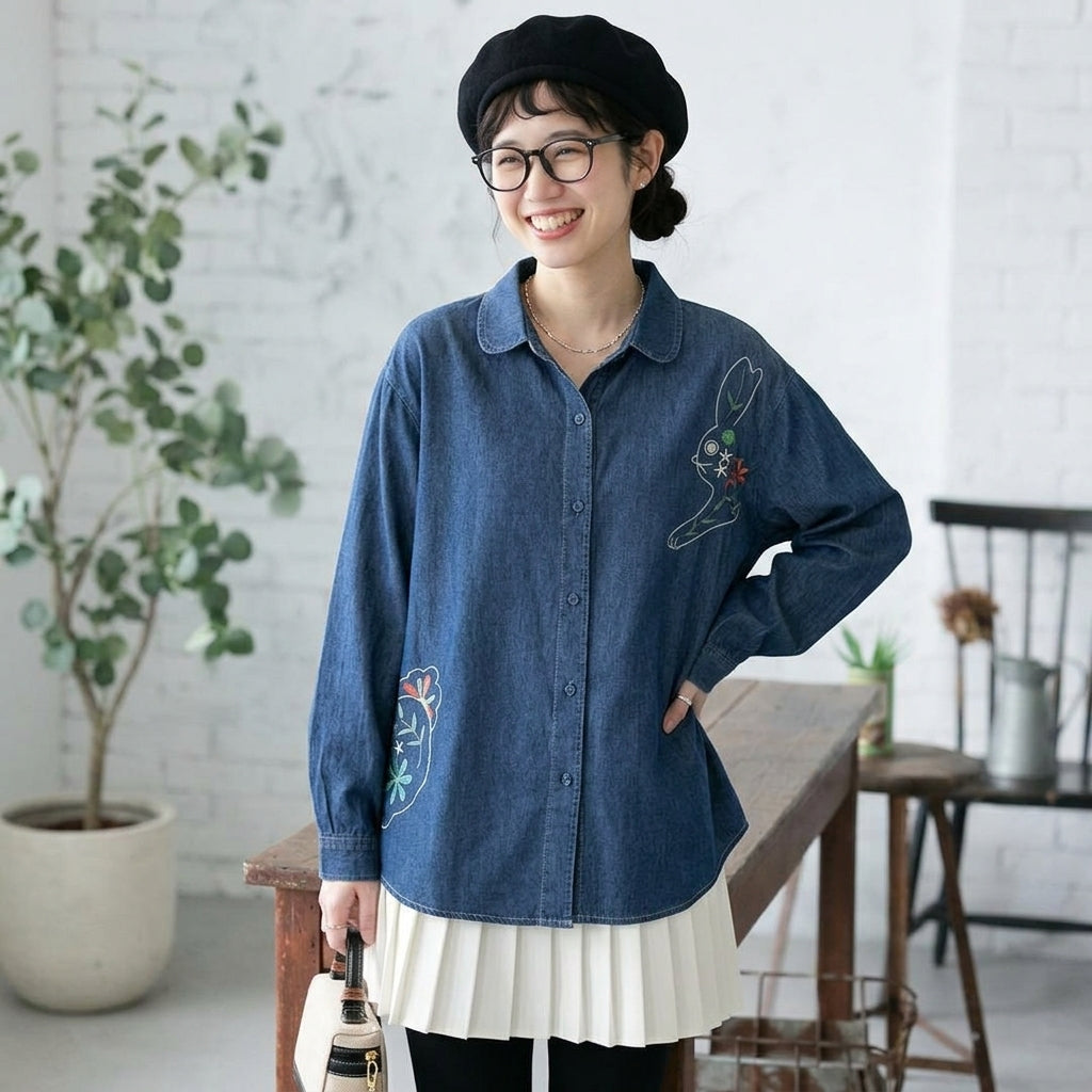 F 柔らかい雰囲気 シンプル ナチュラル ボタン 長袖 刺繍  可愛くて繊細なシャツ フリー ライトカラー