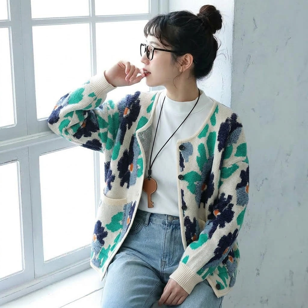 F 大人可愛い 花模様 花柄 長袖 ニット 可愛くて繊細なカーディガン フリー 写真通り
