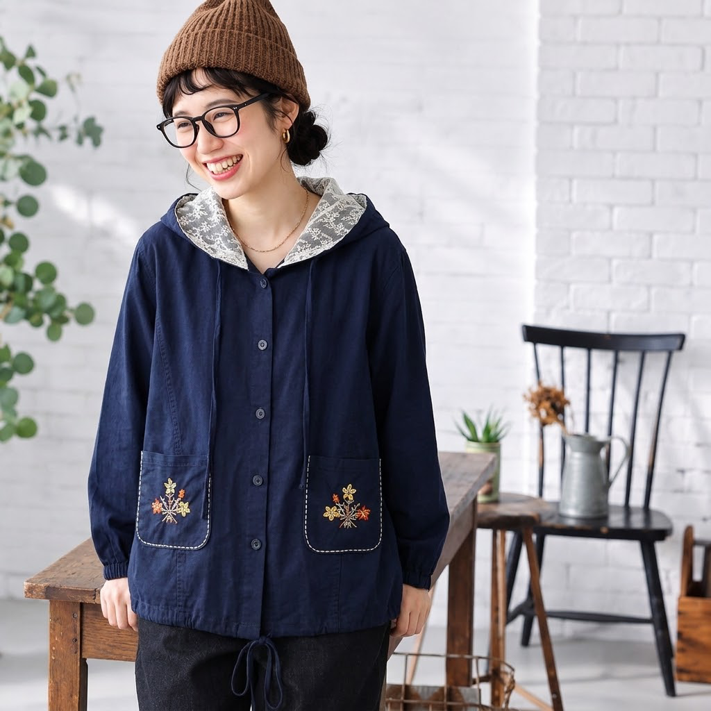F 着回し力抜群 長袖 刺繍 花模様 植物 森ガール シャツ フリー ホワイト
