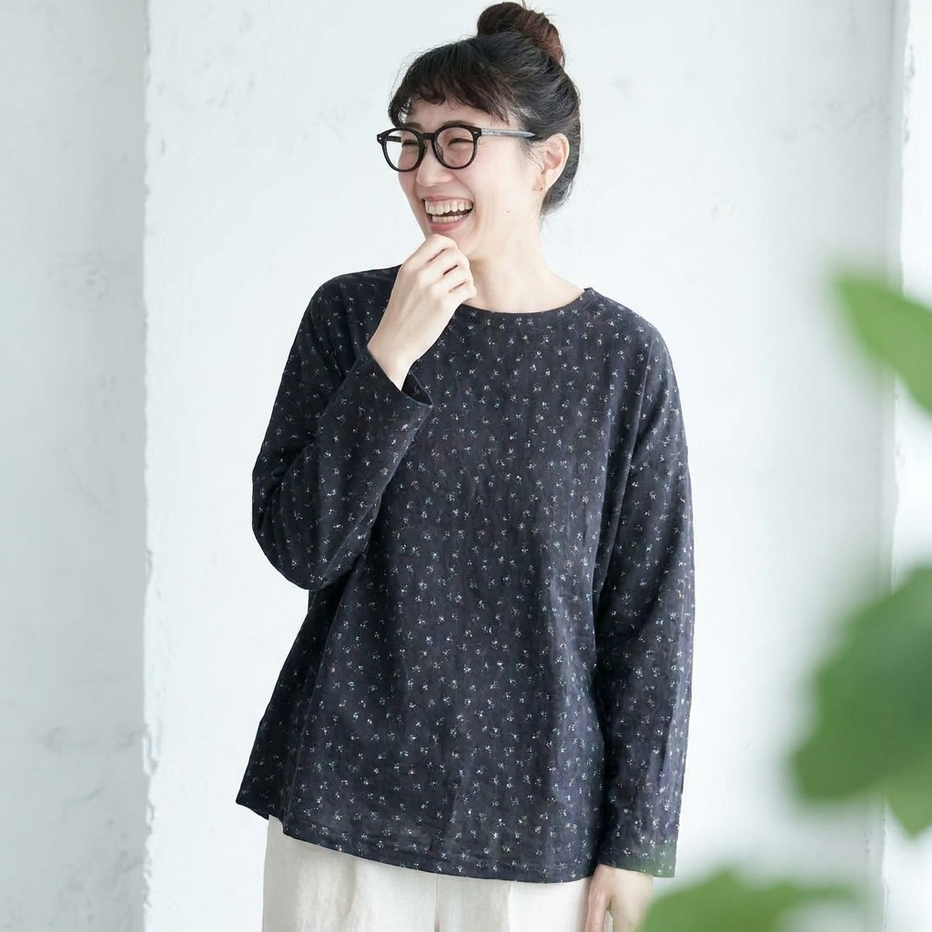 フリー 花柄 プルオーバー 長袖 ラウンドネック カジュアル Tシャツ フリー ブラック