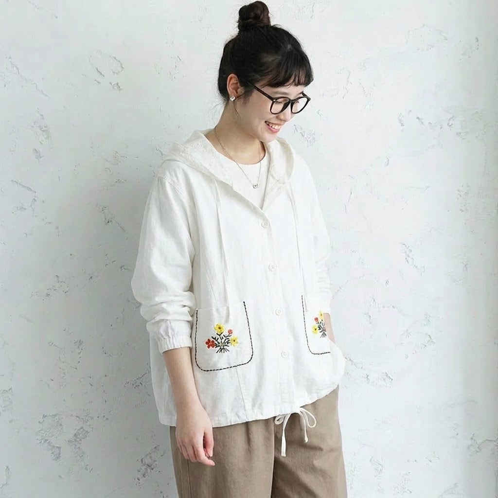 F 着回し力抜群 長袖 刺繍 花模様 植物 森ガール シャツ フリー ホワイト