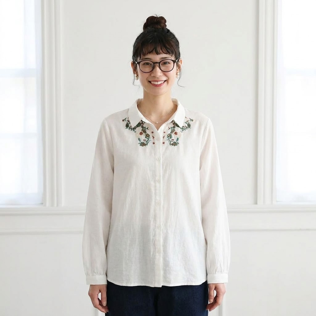 ML 着回し自在！ 無地 長袖 刺繍 花模様 清新 シャツ L ホワイト
