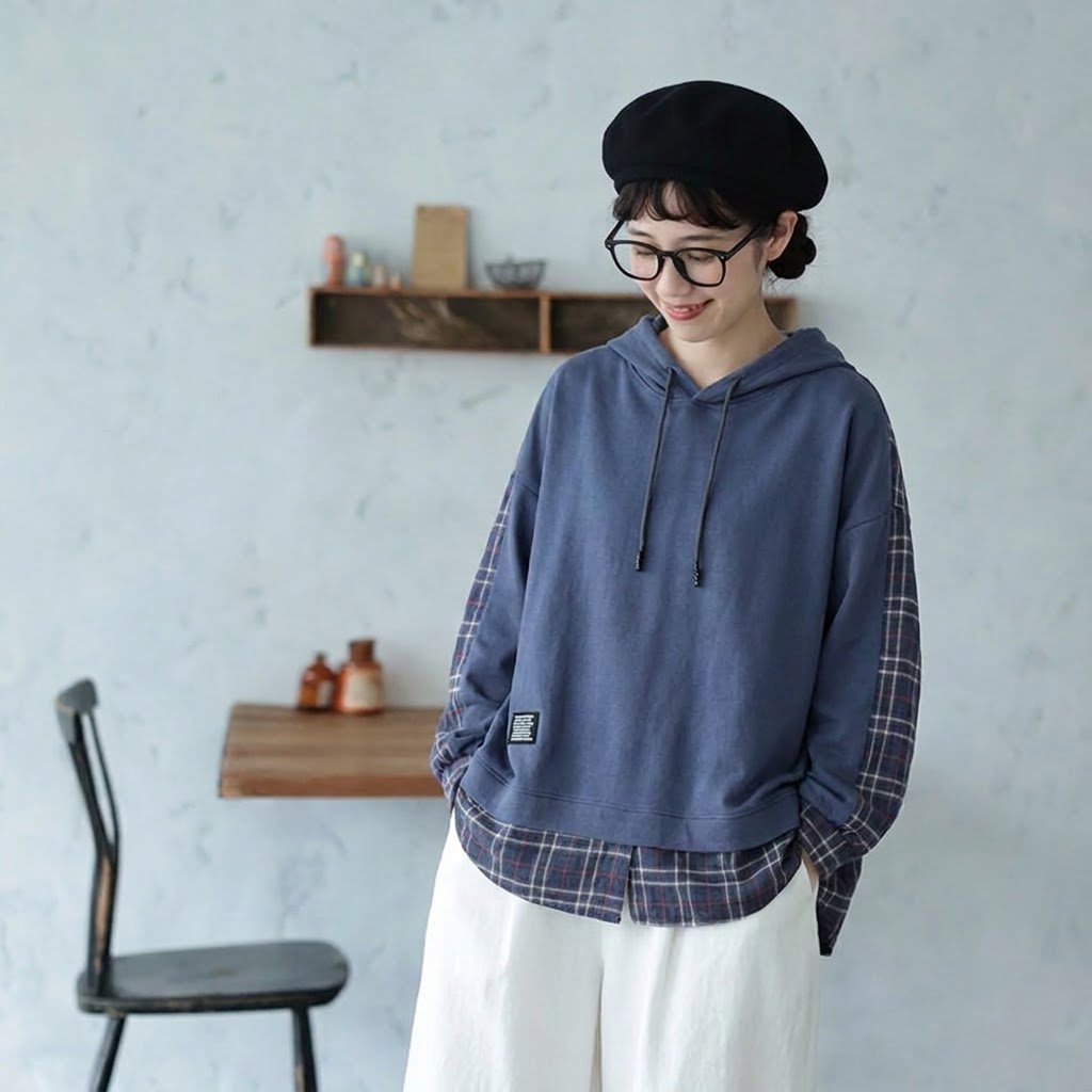 S-3XL セット風 チェック切り替え ロング丈 ゆとりのある パーカー/ジャージ S ネイビー