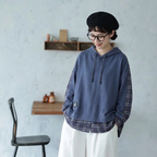 S-3XL セット風 チェック切り替え ロング丈 ゆとりのある パーカー/ジャージ S ネイビー