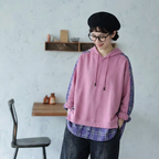 S-3XL セット風 チェック切り替え ロング丈 ゆとりのある パーカー/ジャージ S ネイビー